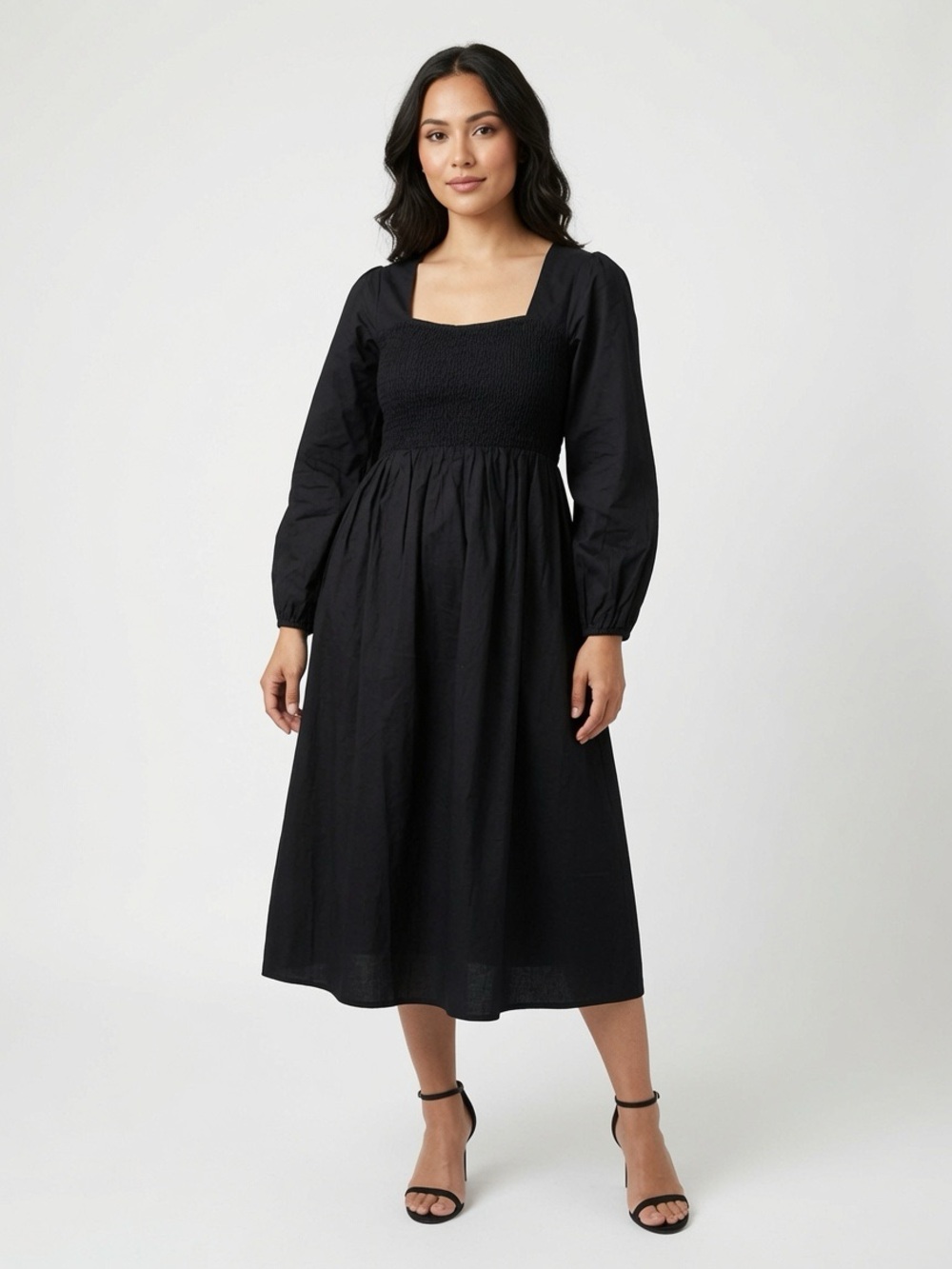 Old Navy 100% Cotton Petite Black Smocked Midi Dress with Sweetheart Neckline